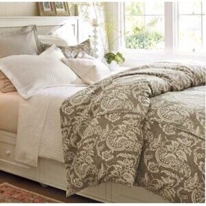 Pottery Barn Alessandra F/Queen Linen Blend Duvet Cover Green Cream